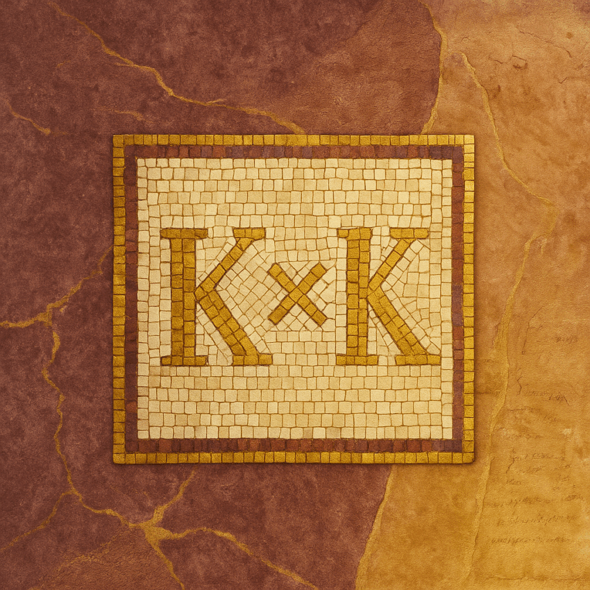 Mosaic artwork representing the 20th anniversary of Porphyra, featuring a Byzantine-style design and the Greek symbol K for 20.