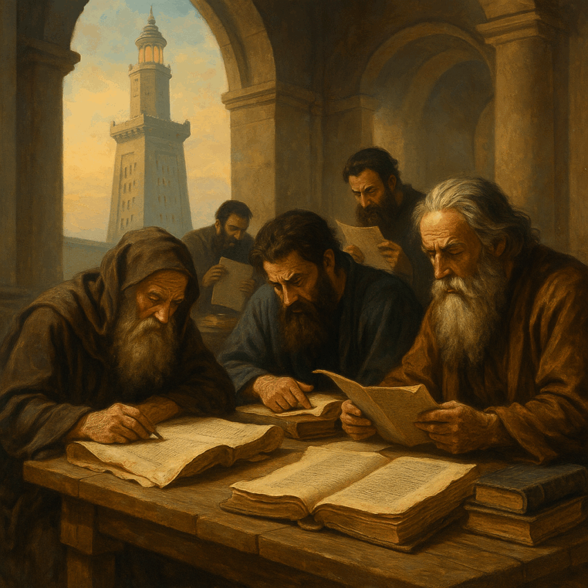 Byzantine scholars reading scrolls in the Library of Alexandria with the Lighthouse in the background.